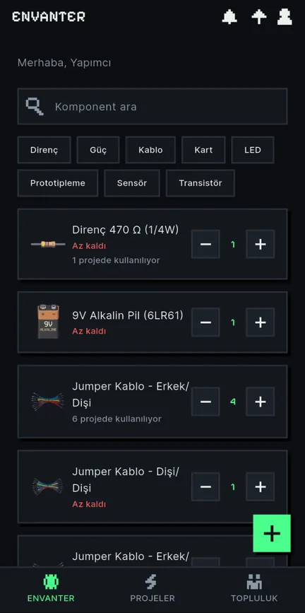 Uygulamanın envanter ekranı